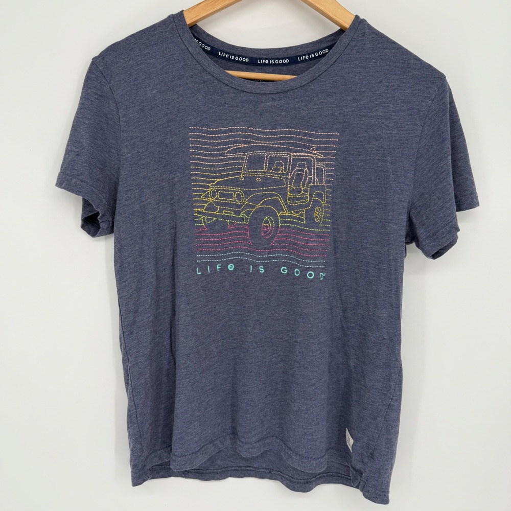 Life is Good Sleep Womens Large Navy Blue Embroidered Jeep Surfboard T-Shirt